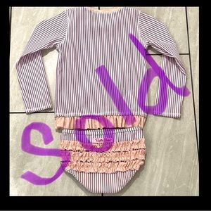 ♦️SOLD♦️Ruffle Butts 2 Piece Kids Swimsuit Set Seersucker Long Sleeve Rash Guard